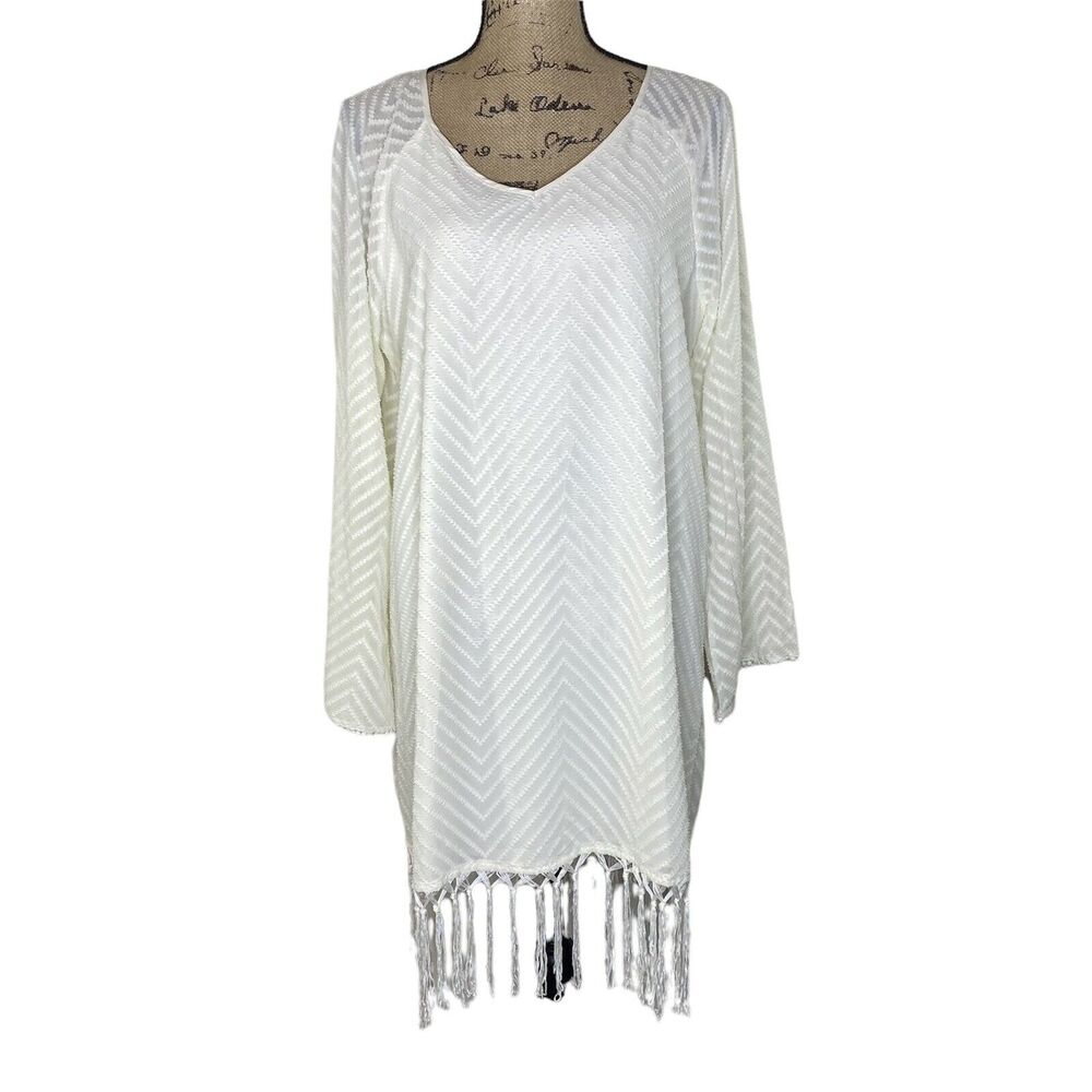 Skies Are‎ Blue Mini Dress Womens Sz Large Off White Fringe Pom Pom Beachy Boho